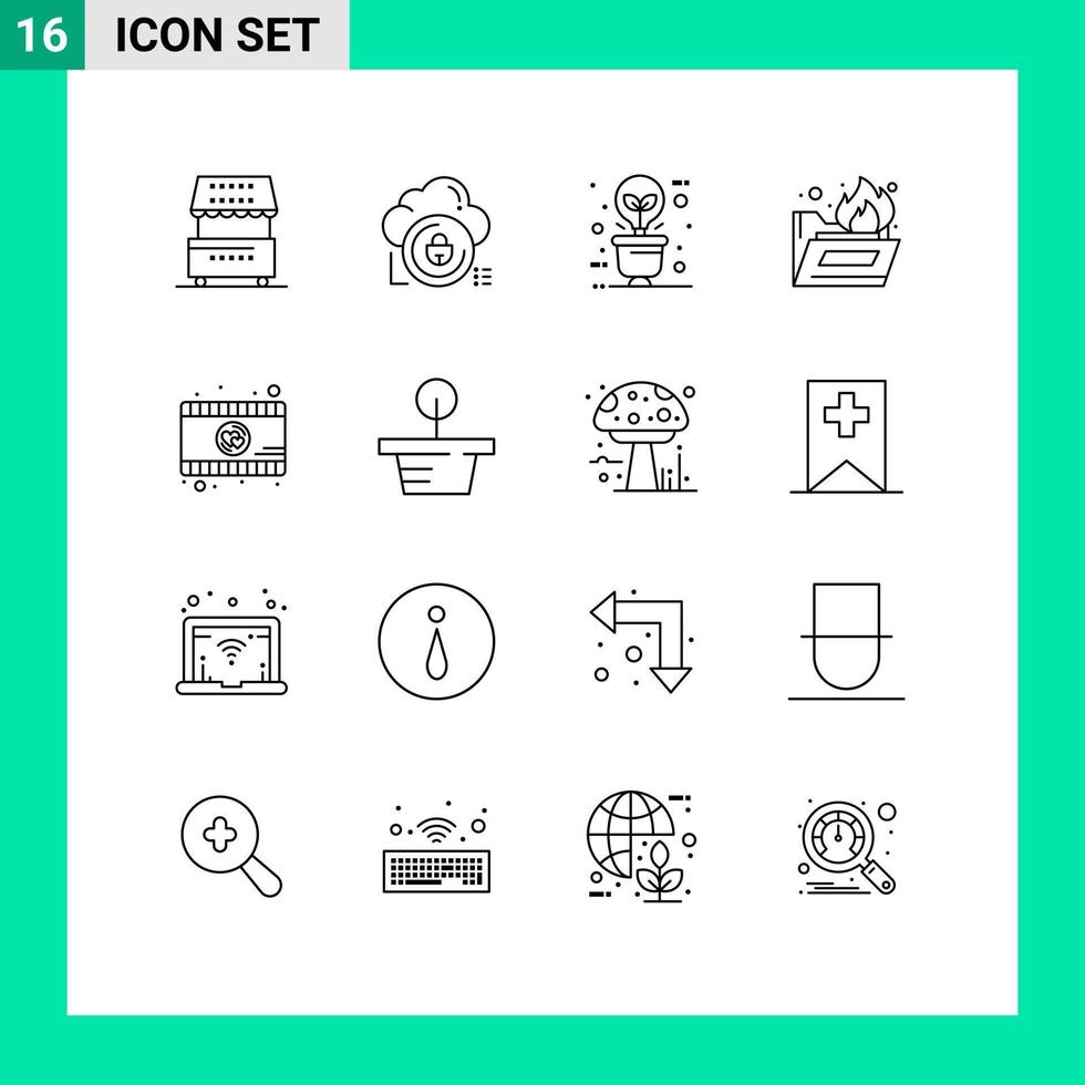 Group of 16 Outlines Signs and Symbols for folder fire folder lock light eco bulb Editable Vector Design Elements
