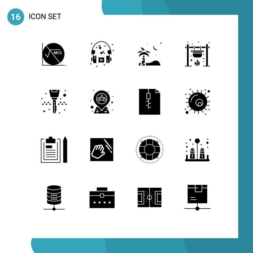 Group of 16 Modern Solid Glyphs Set for equipment cook ramadan camping bonfire Editable Vector Design Elements