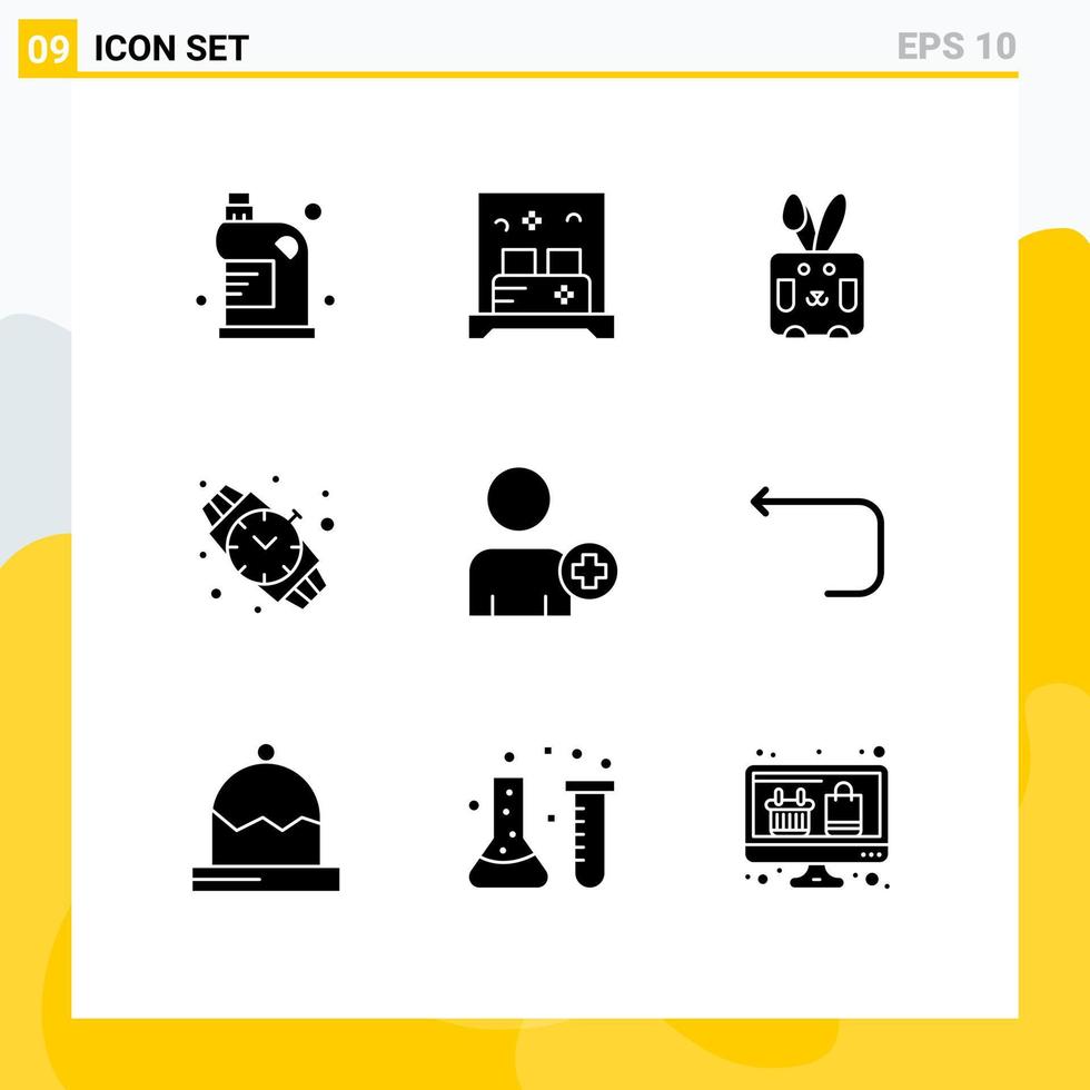 User Interface Pack of 9 Basic Solid Glyphs of multimedia jewelry sleep watch holiday Editable Vector Design Elements