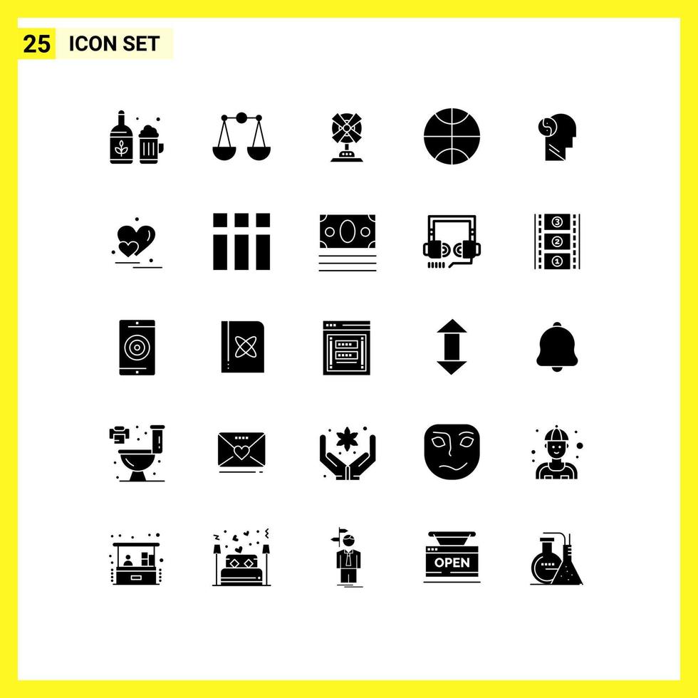 Modern Set of 25 Solid Glyphs and symbols such as heart head fan brian sport Editable Vector Design Elements