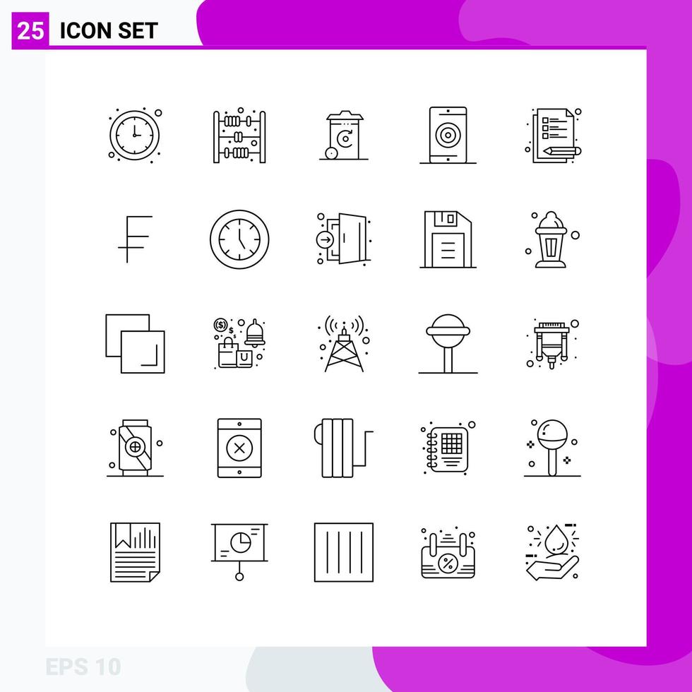 Mobile Interface Line Set of 25 Pictograms of notes performance recycling optimization media Editable Vector Design Elements