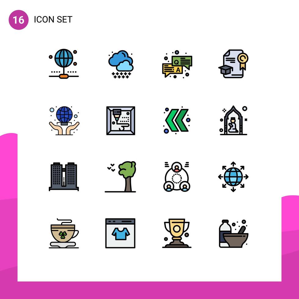 16 User Interface Flat Color Filled Line Pack of modern Signs and Symbols of world wide globe question care graduation Editable Creative Vector Design Elements