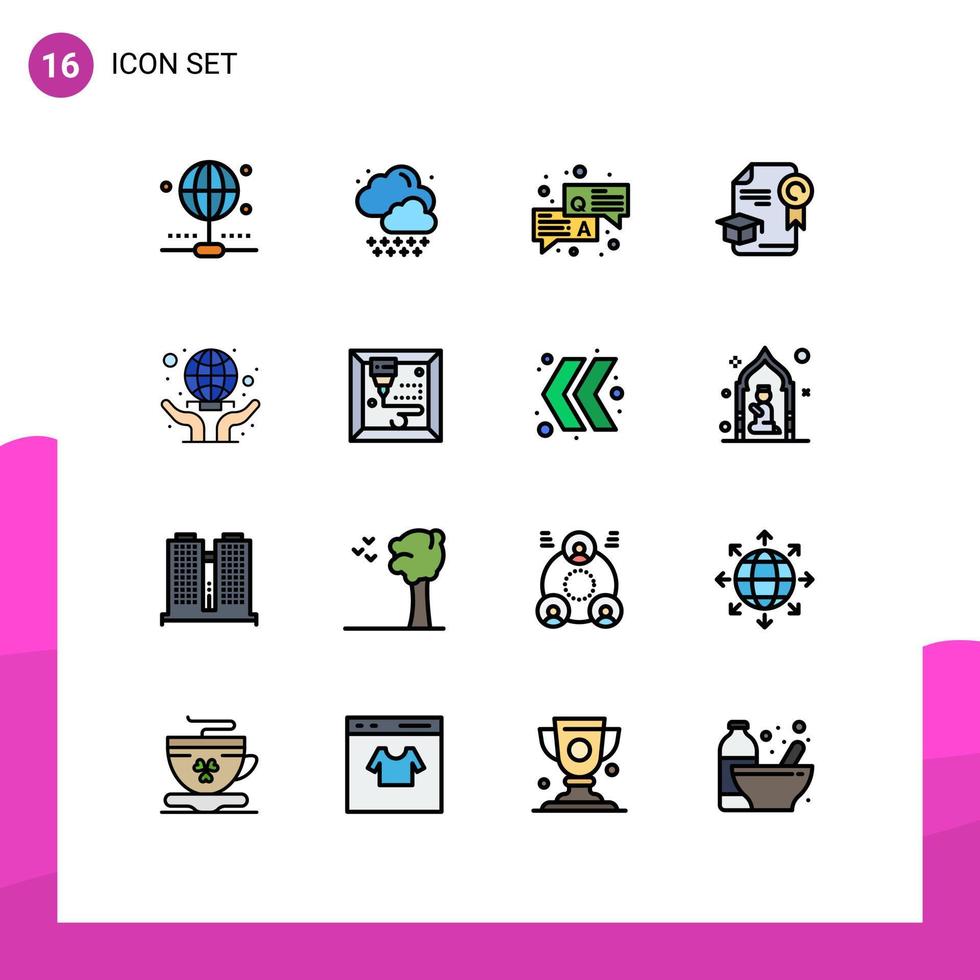 Paquete de 16 líneas llenas de color plano de la interfaz de usuario de signos y símbolos modernos de todo el mundo cuidado de la pregunta graduación elementos de diseño de vectores creativos editables