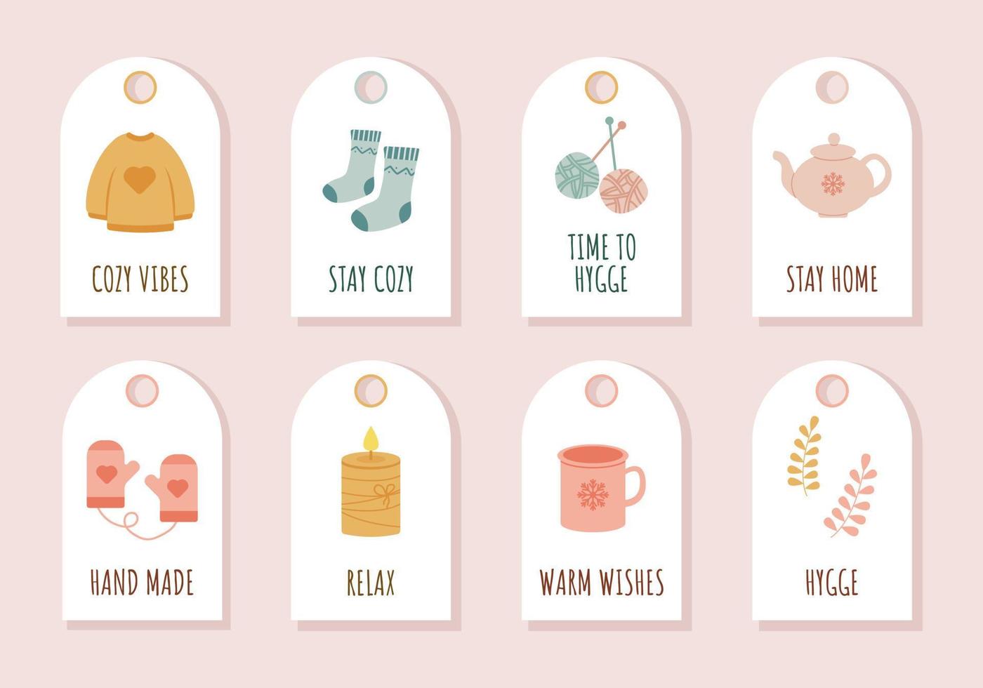 Hygge cards set. Set of cozy tags vector