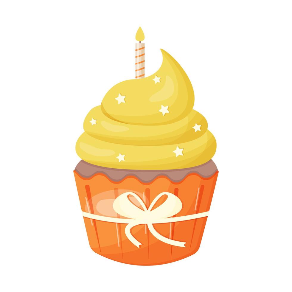 cupcake with candle, bow and stars vector