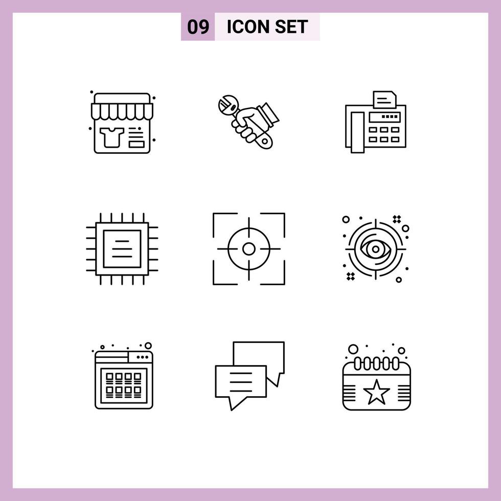 9 Outline concept for Websites Mobile and Apps crosshair cpu hand chipset fax machine Editable Vector Design Elements