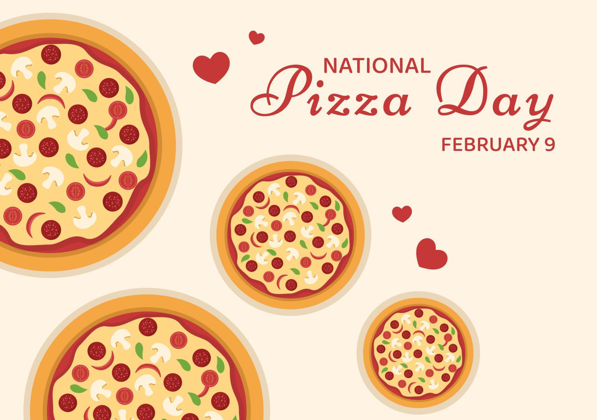 National Pizza Day on Celebration February 9 by Consuming Various Slice in Flat Cartoon Style