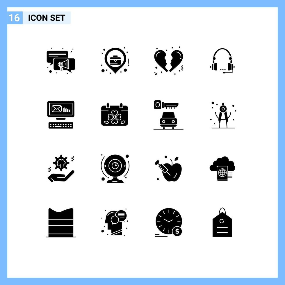 Set of 16 Vector Solid Glyphs on Grid for email help heart headset communication Editable Vector Design Elements