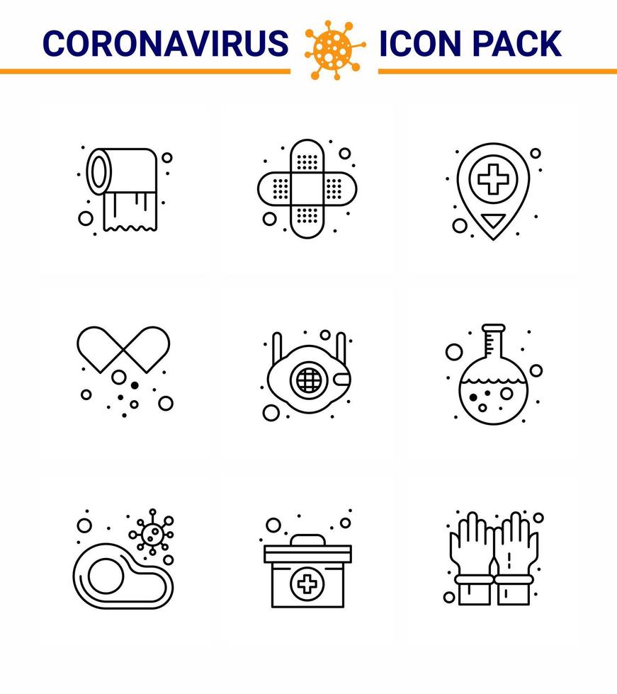 Corona virus 2019 and 2020 epidemic 9 Line icon pack such as  safety mask location face medicines viral coronavirus 2019nov disease Vector Design Elements