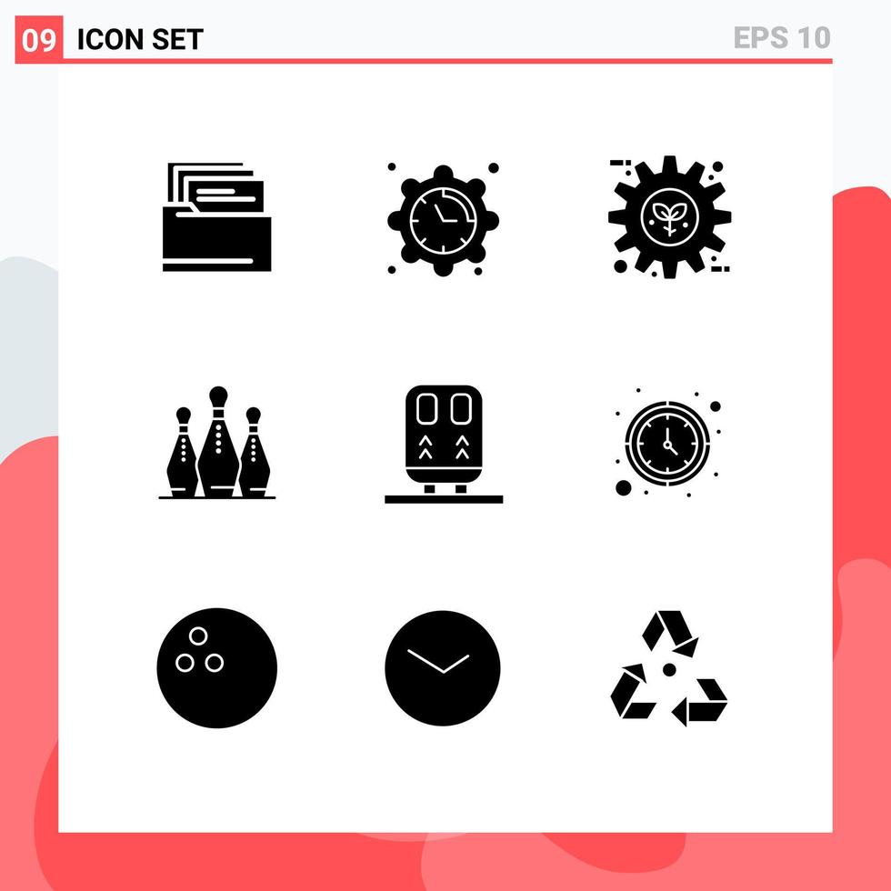 9 Thematic Vector Solid Glyphs and Editable Symbols of back pins energy skittle bowling Editable Vector Design Elements