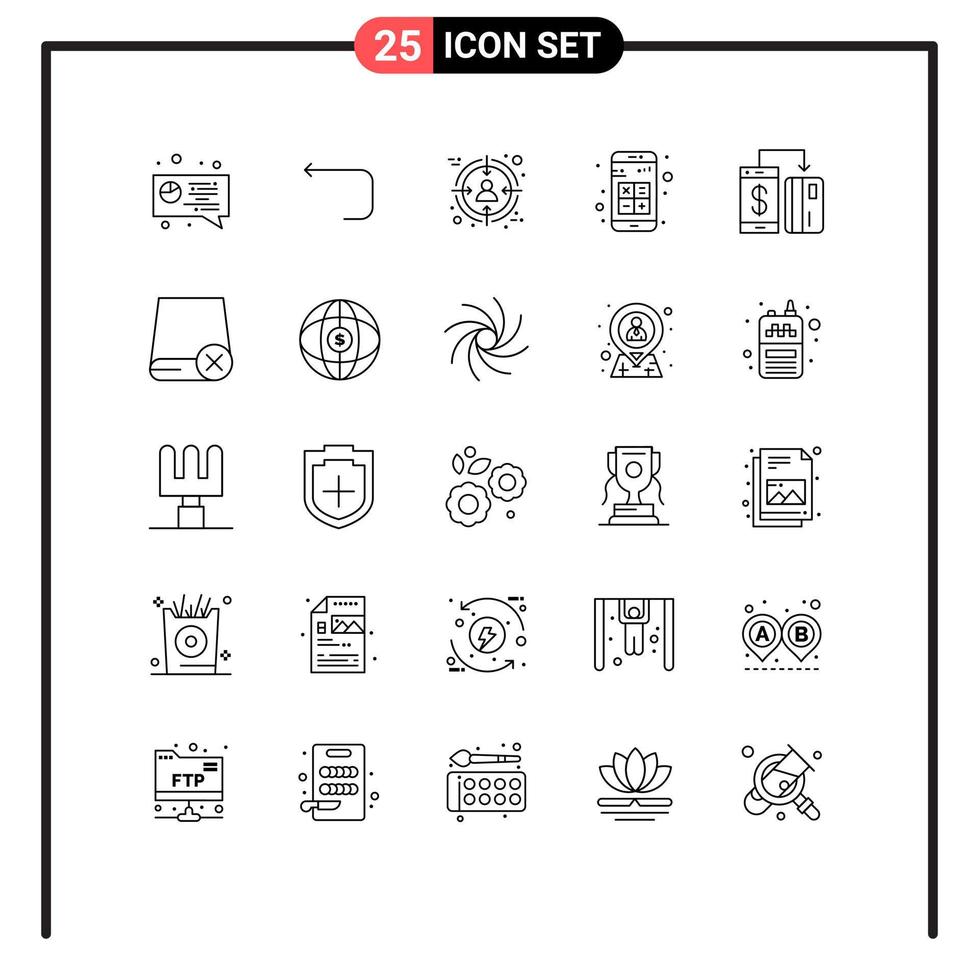 25 Thematic Vector Lines and Editable Symbols of digital interaction business calculator app Editable Vector Design Elements