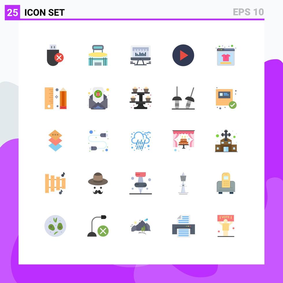 Mobile Interface Flat Color Set of 25 Pictograms of online shopping play sport multimedia beat Editable Vector Design Elements