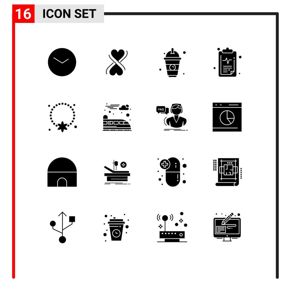 Set of 16 Vector Solid Glyphs on Grid for necklace jewelry drink result health Editable Vector Design Elements