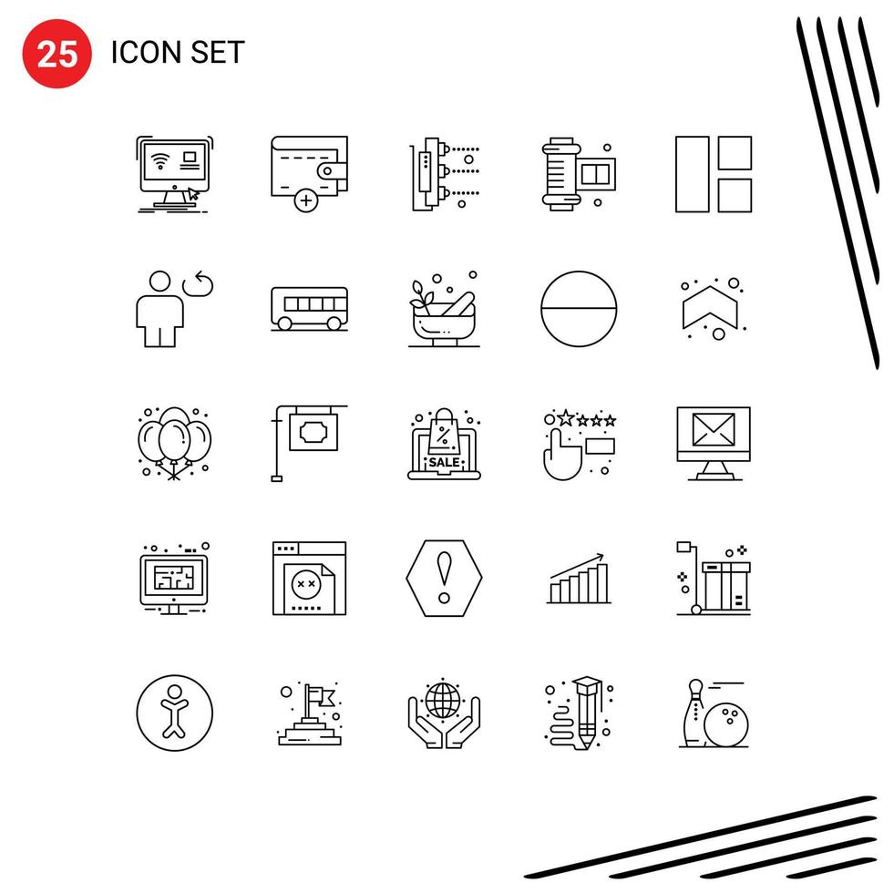 Line Pack of 25 Universal Symbols of image collage factory camera roll film ancient camera roll Editable Vector Design Elements