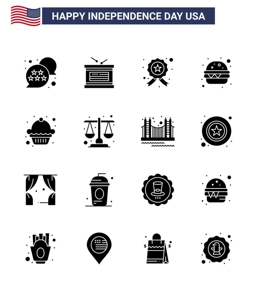 USA Happy Independence DayPictogram Set of 16 Simple Solid Glyphs of muffin cake badge meal burger Editable USA Day Vector Design Elements