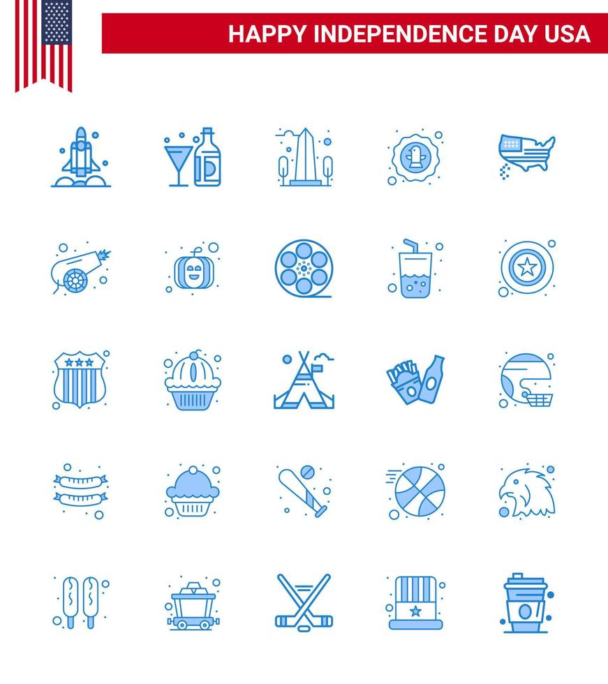 Big Pack of 25 USA Happy Independence Day USA Vector Blues and Editable Symbols of celebration american bottle washington sight Editable USA Day Vector Design Elements