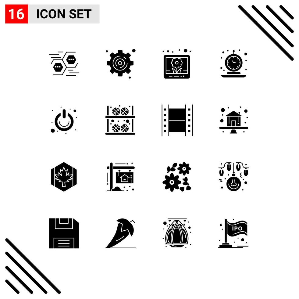 Group of 16 Solid Glyphs Signs and Symbols for off time image retro clock Editable Vector Design Elements