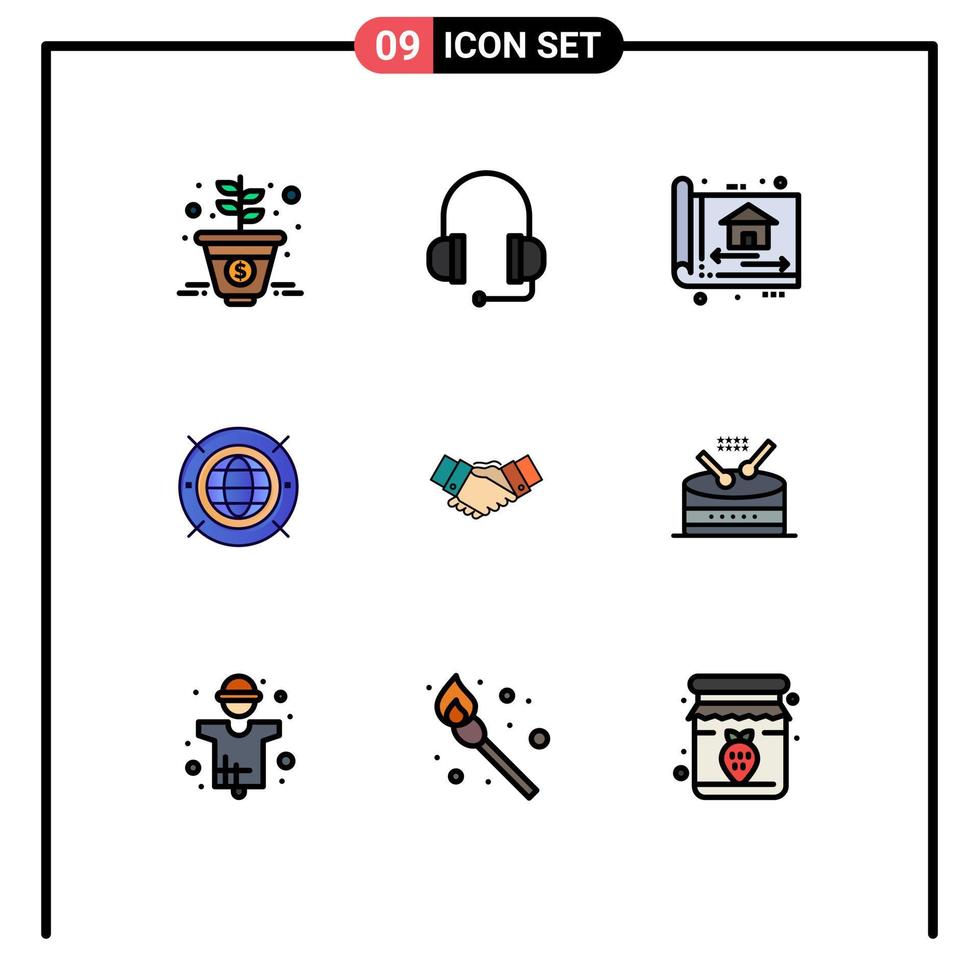 Pack of 9 Modern Filledline Flat Colors Signs and Symbols for Web Print Media such as agreement computing architect world internet Editable Vector Design Elements
