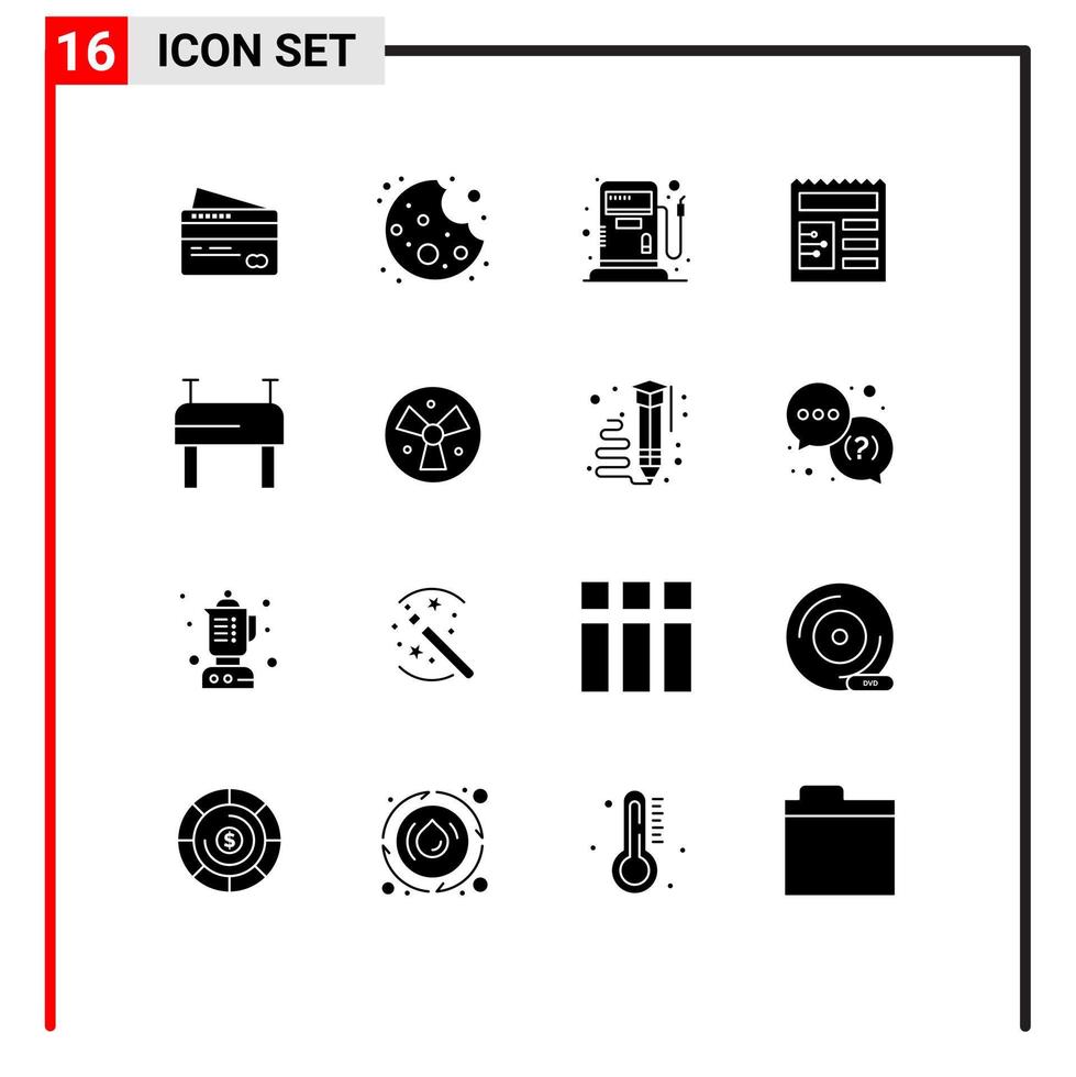 Pack of 16 Modern Solid Glyphs Signs and Symbols for Web Print Media such as medical radiation gas sport ui Editable Vector Design Elements