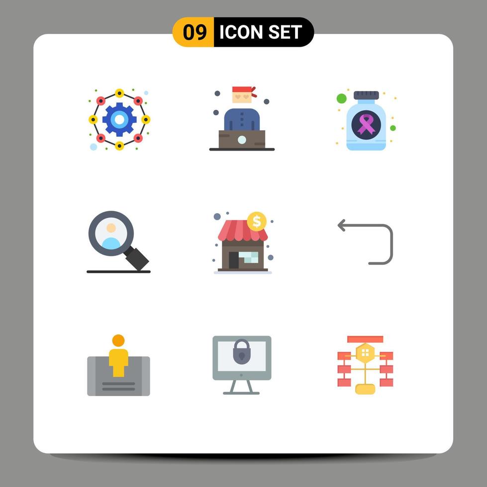 Flat Color Pack of 9 Universal Symbols of store shop bottle user search Editable Vector Design Elements