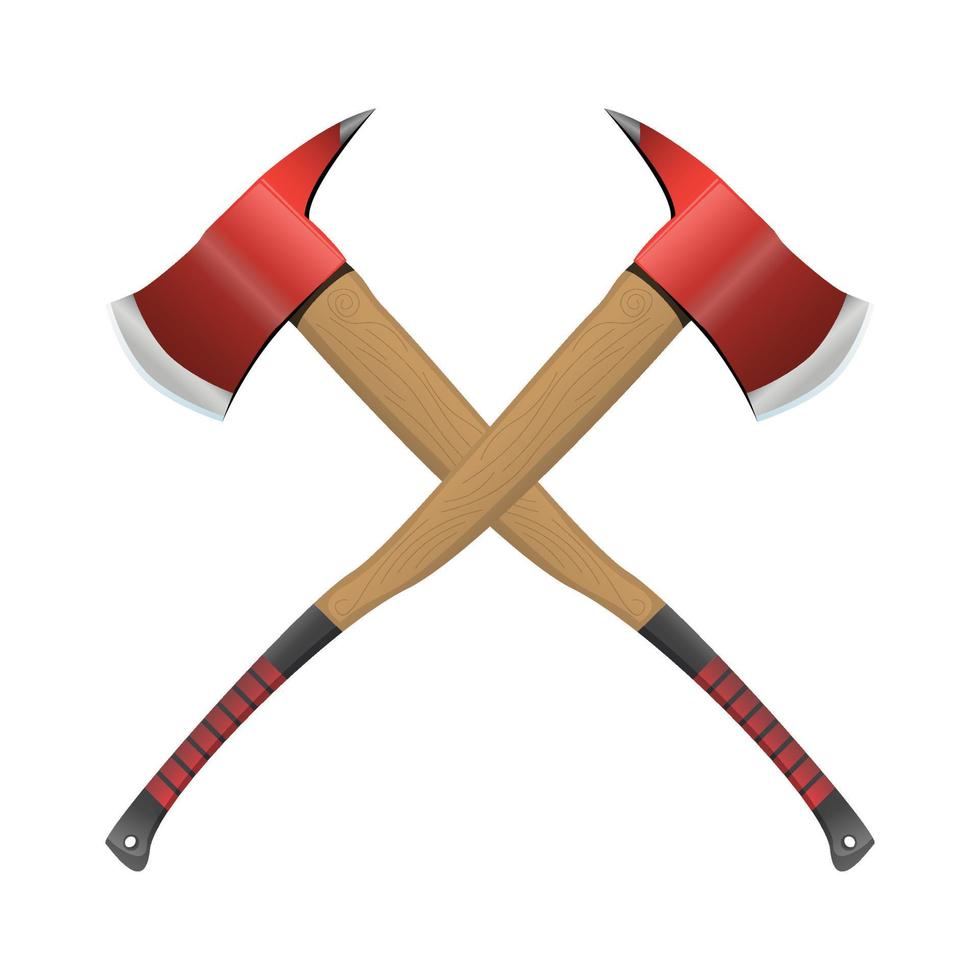 Firefighter crossed axe in realistic style. Red Hatchet. Red fire ax firefighter rescue equipment. Metal woodcutter with handle made of wood. Colorful vector illustration on a white background.