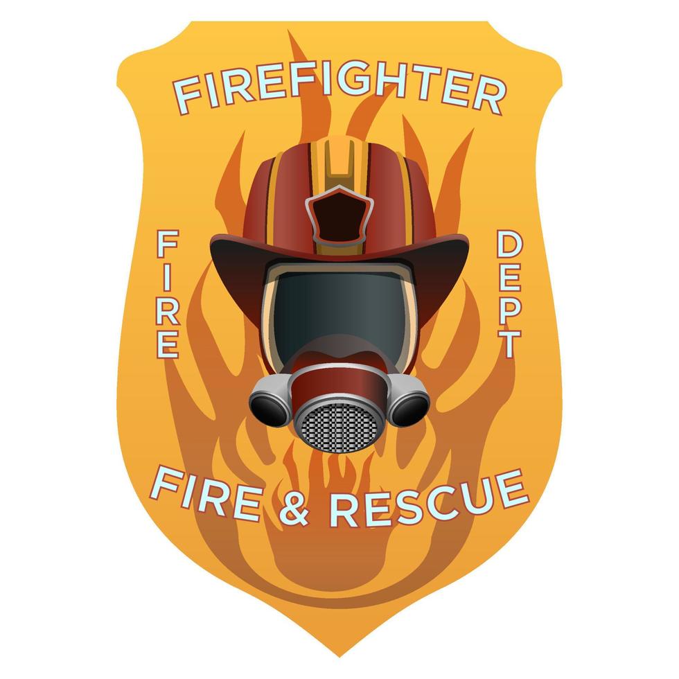 Firefighter insignia. Firefighter mask, helmet and axes behind on shield badge. Colorful vector illustration on a white background.