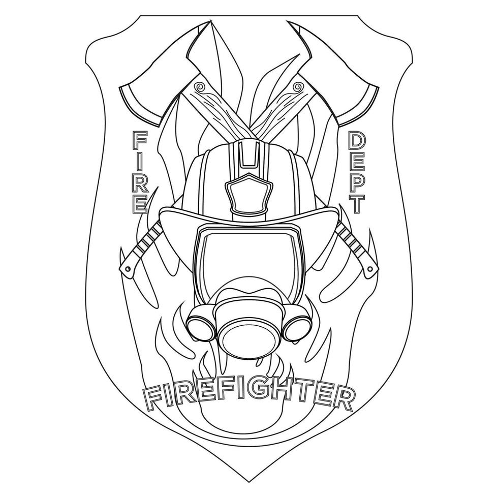 Firefighter insignia coloring page. Firefighter mask, helmet and axes behind on shield badge. Colorful vector illustration on a white background.