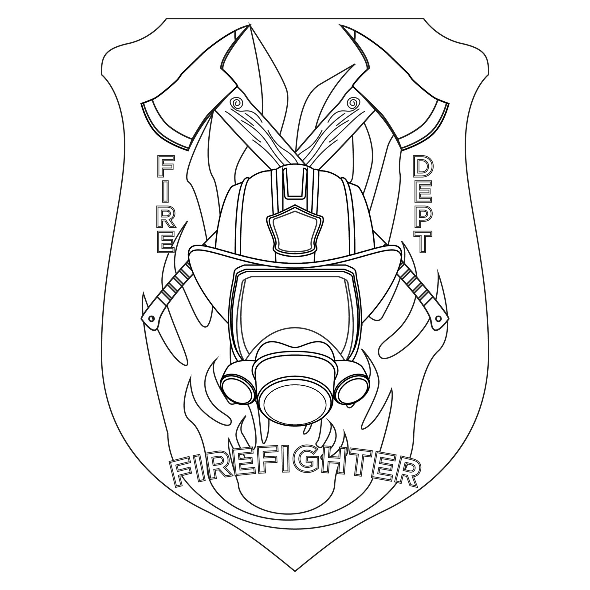 Firefighter insignia coloring page. Firefighter mask, helmet and axes