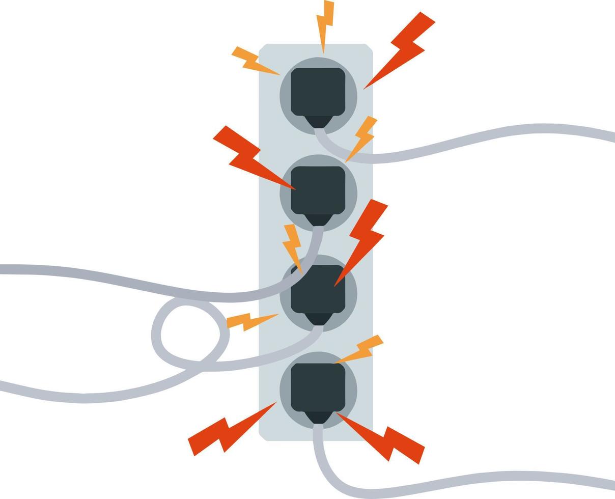 circuito eléctrico. choque, relámpagos rojos y chispas amarillas de la salida. conector y enchufe. sistema sobrecargado. el problema con el aparato. situación de incendio con humo y seguridad. vector