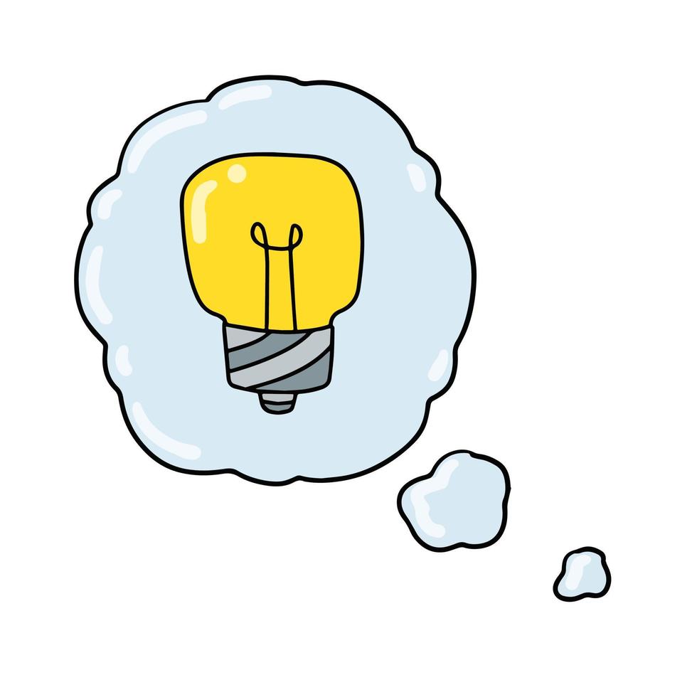 bombilla. nube de burbujas con pensamientos e ideas. mente y lámpara eléctrica. ilustración de garabato dibujado a mano vector