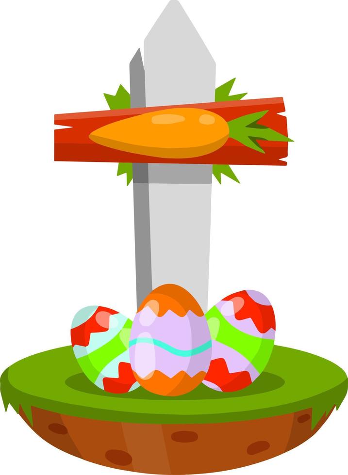 Celebration of Easter. Set of Colored painted eggs and carrot. Christian holiday. Element of child game. Cartoon flat illustration. Plate for finding objects. Sign pointer to route vector