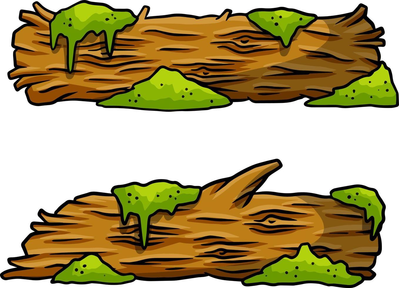 registro marrón vectorial con musgo verde. material de construcción de madera, elemento natural. ambiente de bosque. conjunto de ilustración de dibujos animados vector