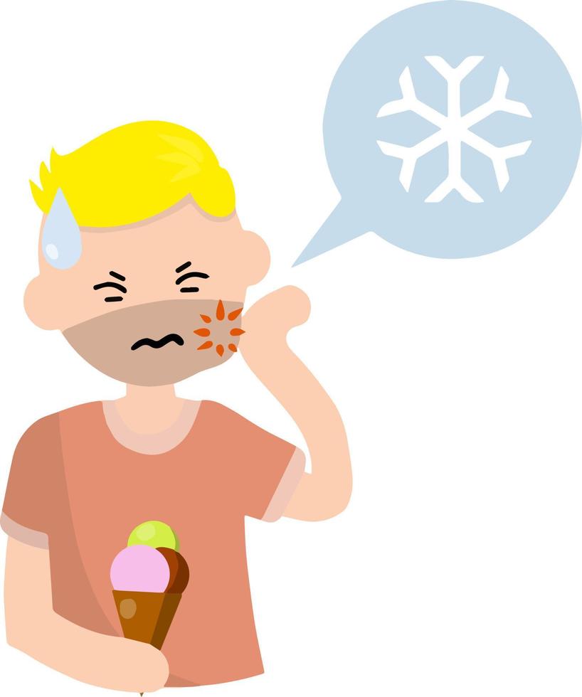 Tooth sensitivity. Man and ice cream. Pain in cheek and cold. Sad boy. Cartoon flat illustration. Soreness and need for treatment. Bubble with a snowflake icon vector