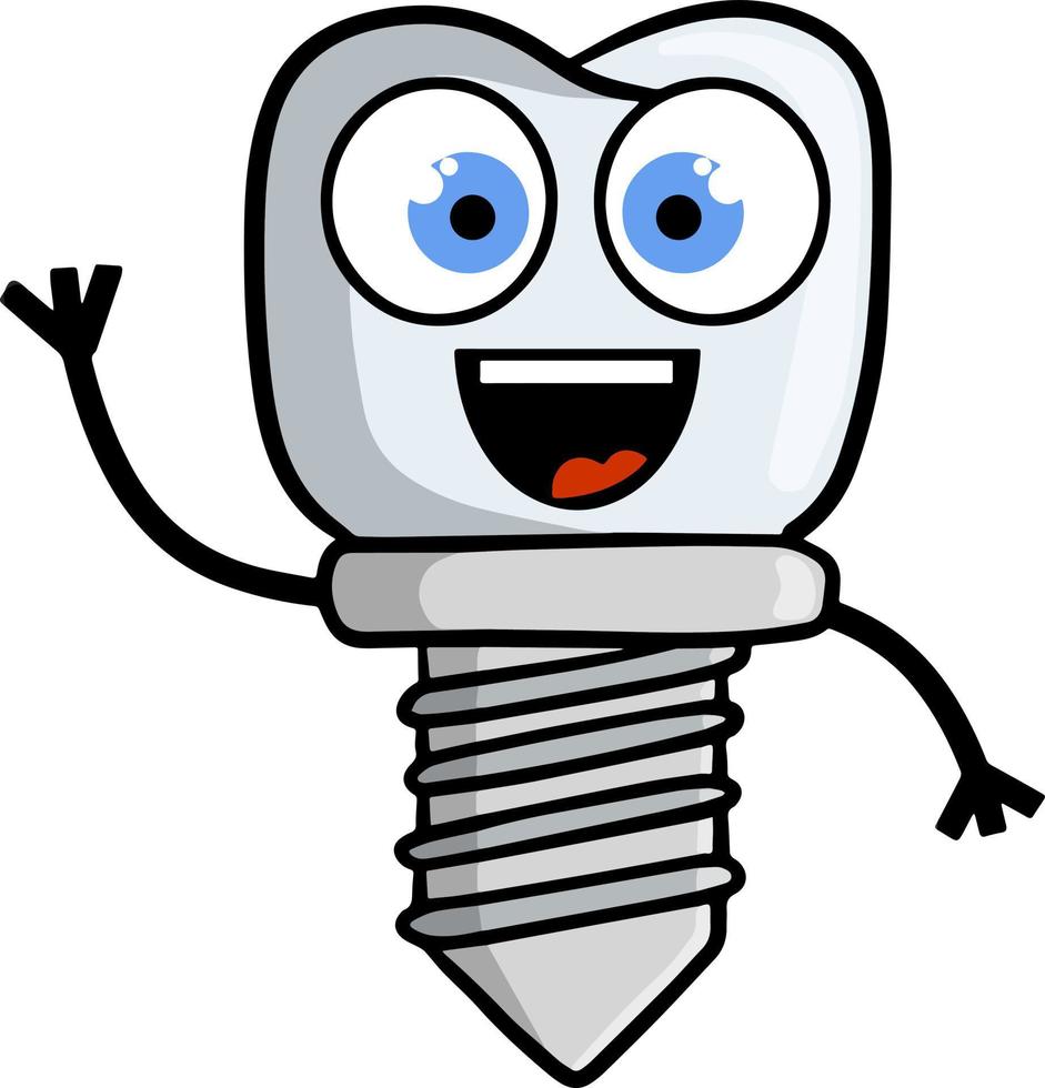 Tooth pin with happy face. Smiling cute character. Dentist element. Dental care and implant. Medical white part with thread for mouth. vector