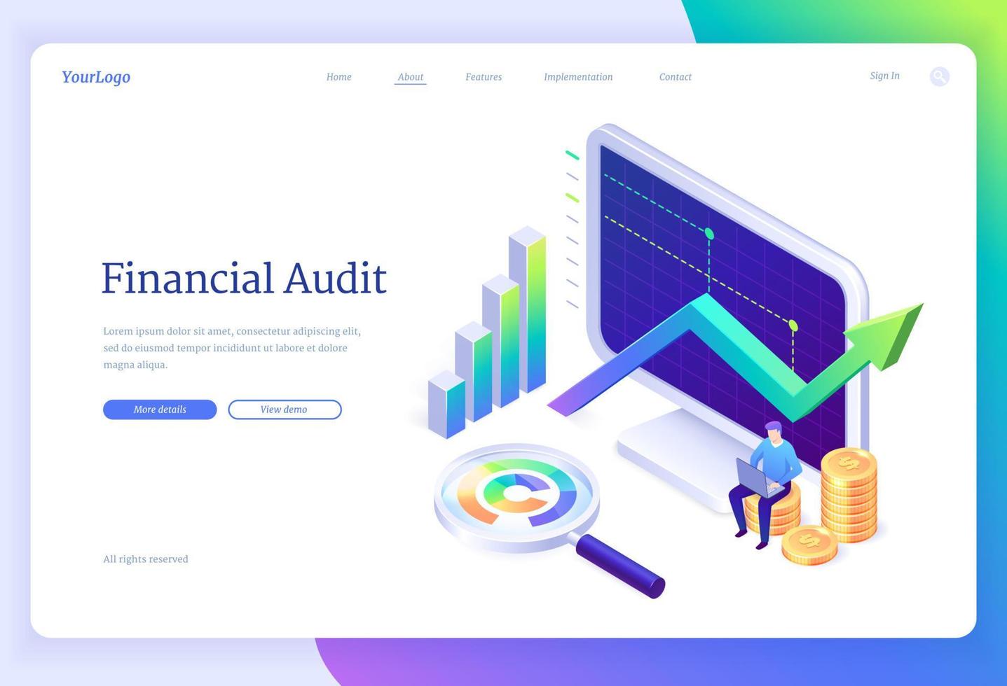 Financial audit isometric landing page, tax report vector
