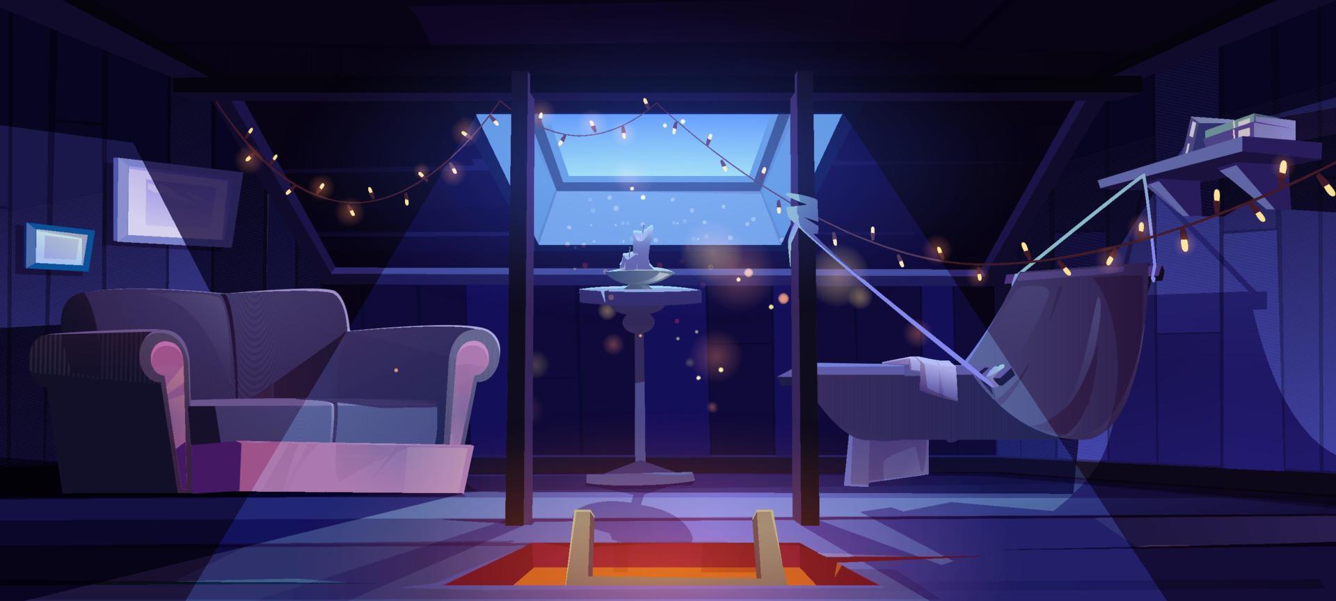 Cozy room on attic with hammock and sofa at night vector