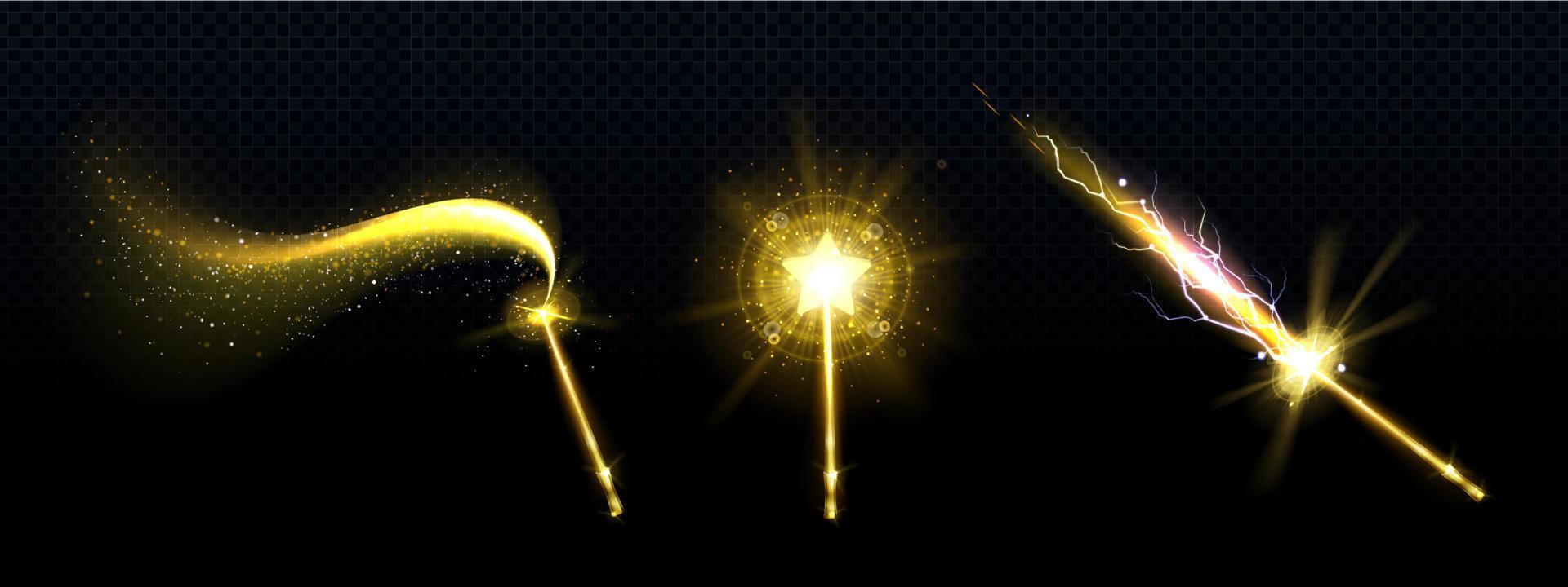 Gold magic wand with star and spell sparkles vector