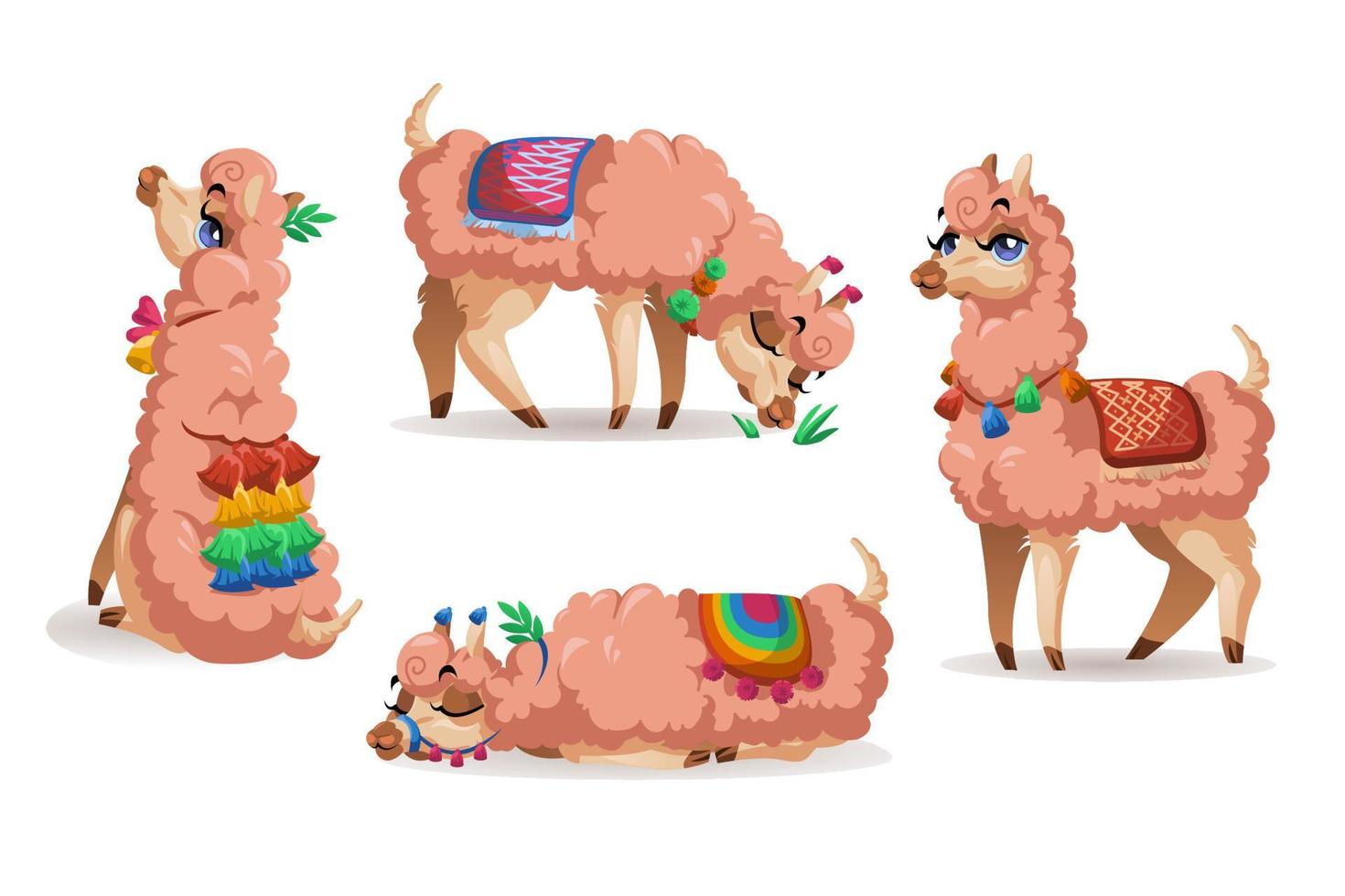 Llama, Peru alpaca animal cartoon set. Cute lama vector