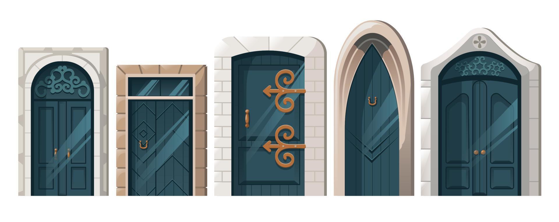 Ancient doors, cartoon medieval castle entries set vector