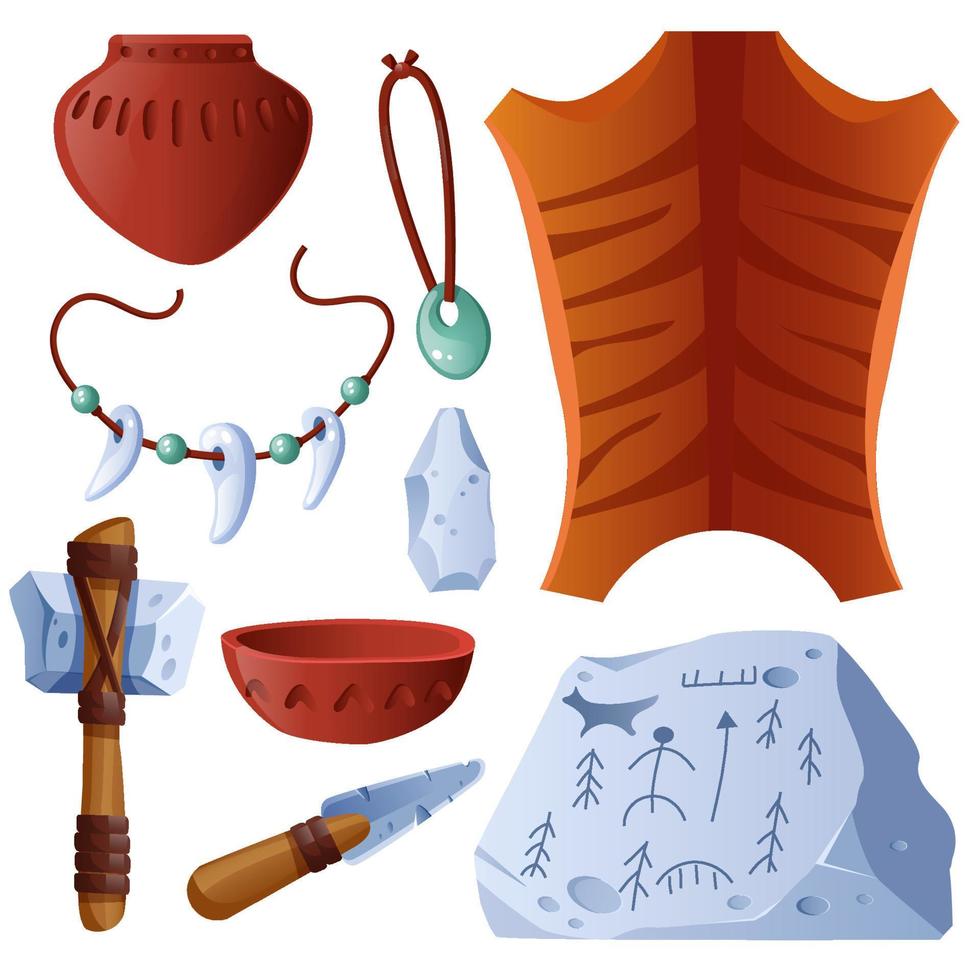 Conjunto de objetos prehistóricos piel de animal y olla de barro. vector