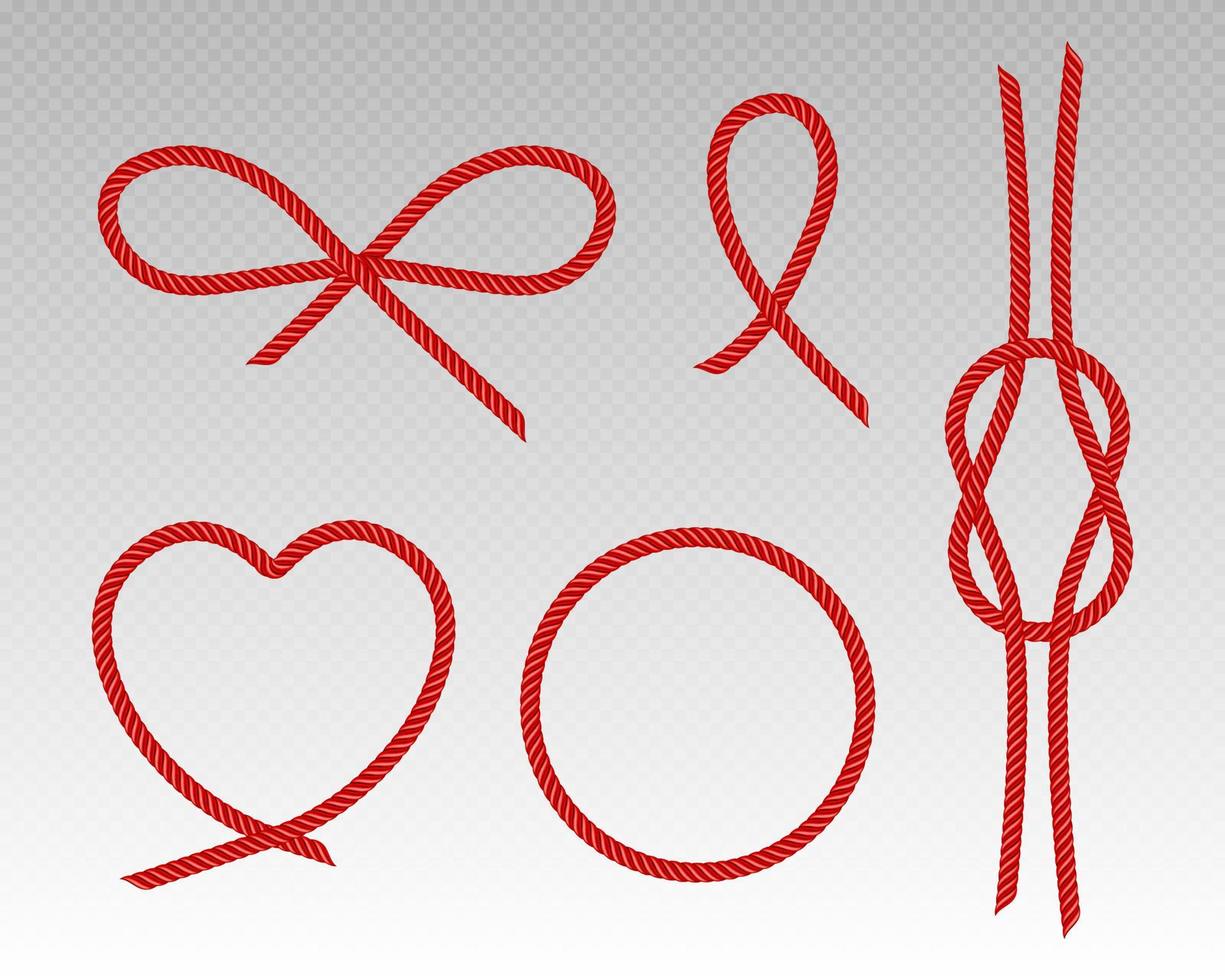 Red silk cords heart, bow, round frame and knot vector