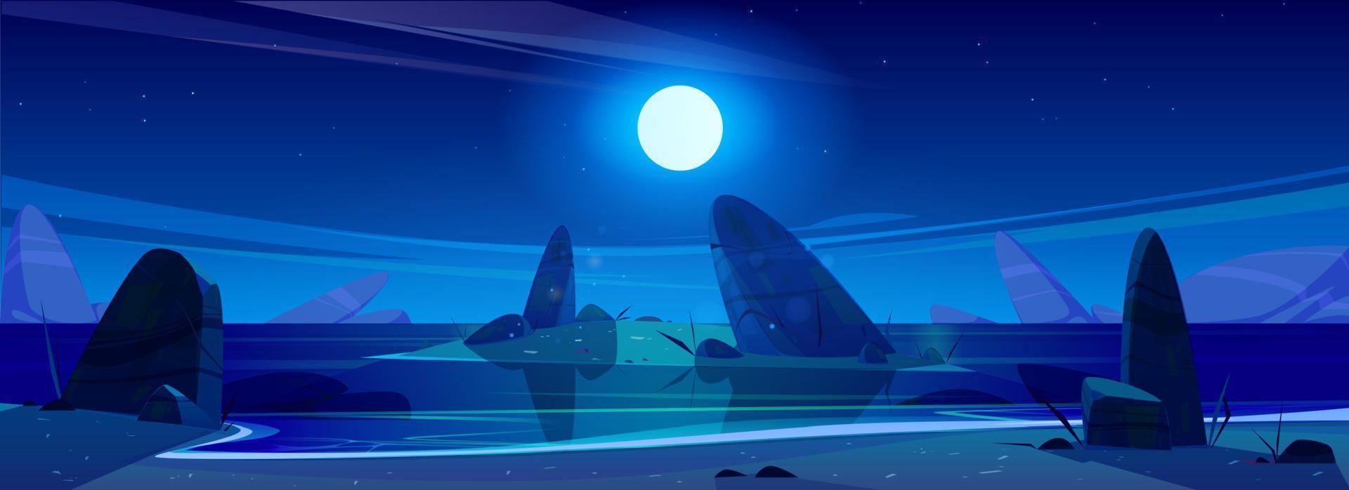 Night ocean under starry sky with full moon shine vector