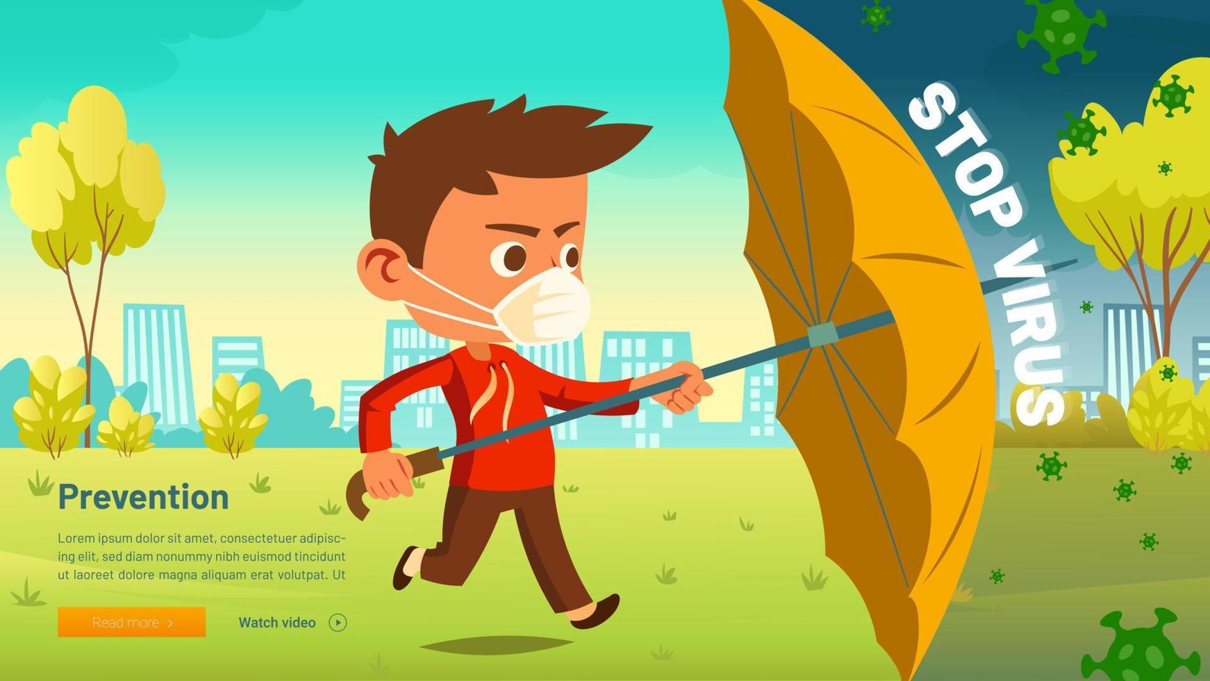 Stop virus cartoon web banner, boy with umbrella vector