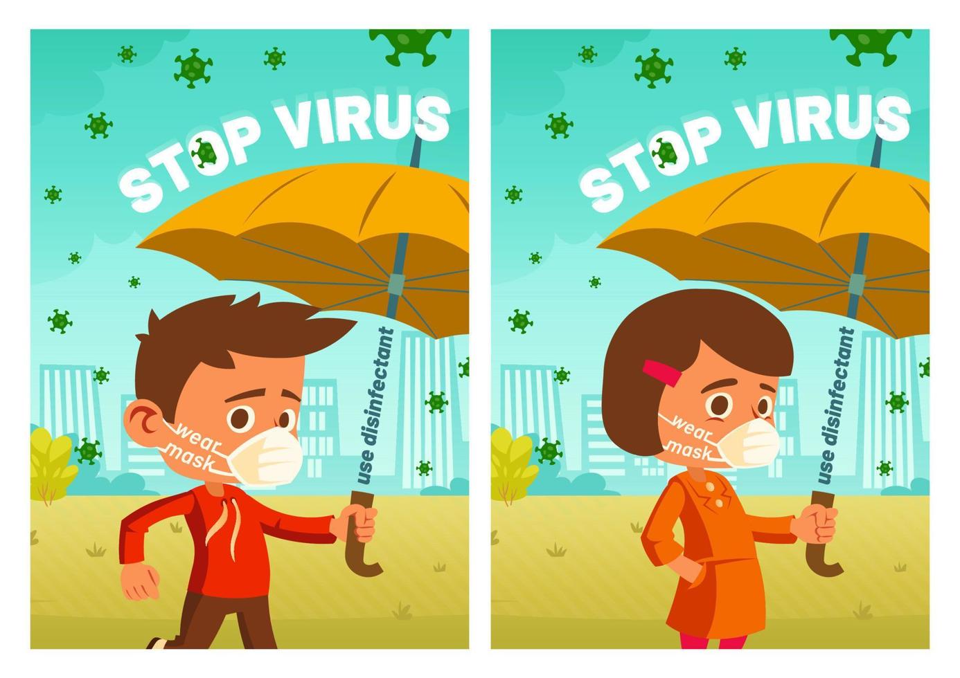 detener carteles de dibujos animados de virus, niño y niña vector