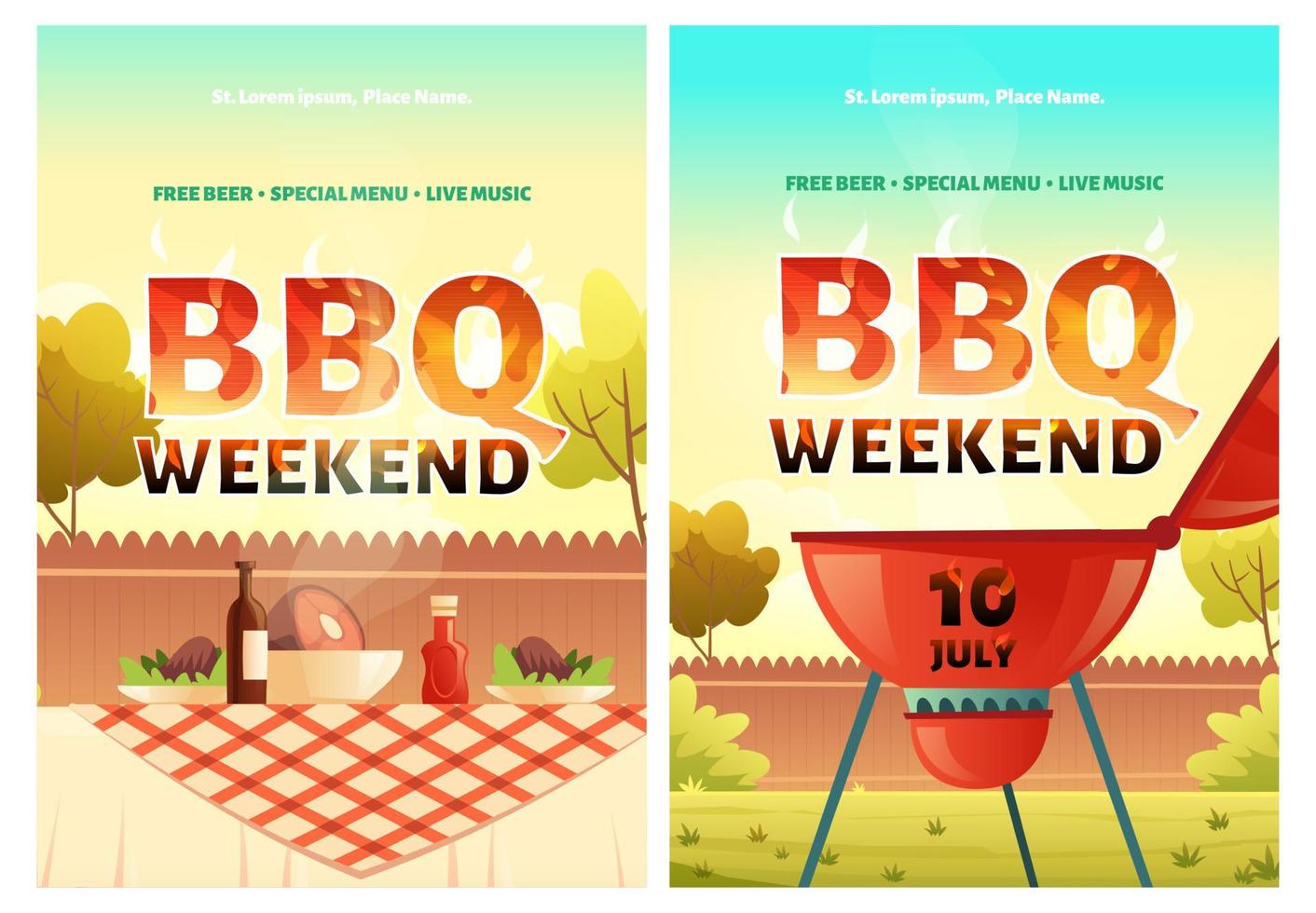 BBQ weekend cartoon posters, invitation for party vector