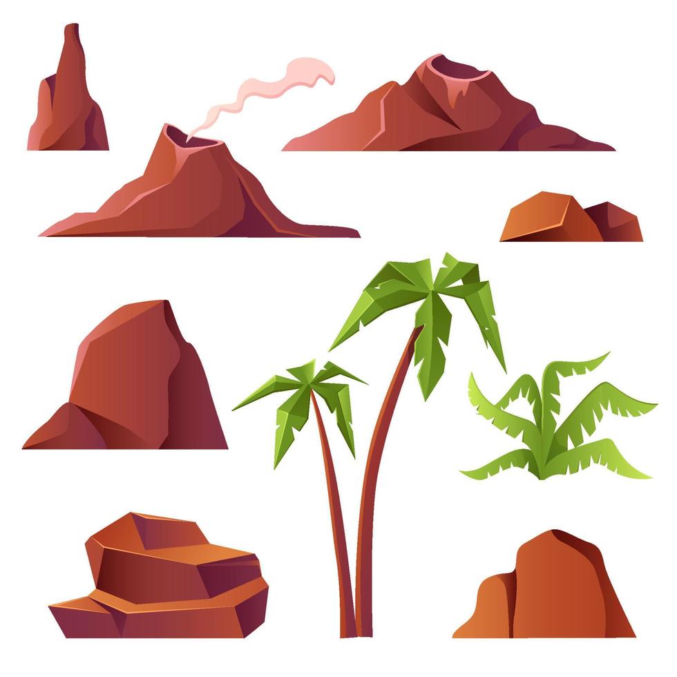 Volcano with smoke, mountains and palm trees vector