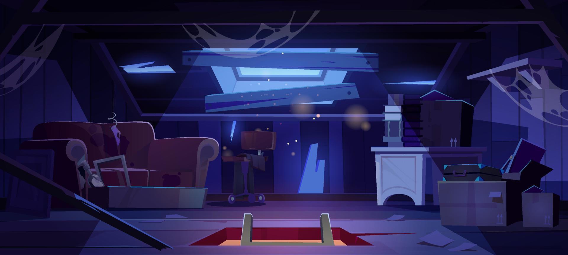 Old attic in abandoned house at night empty garret vector
