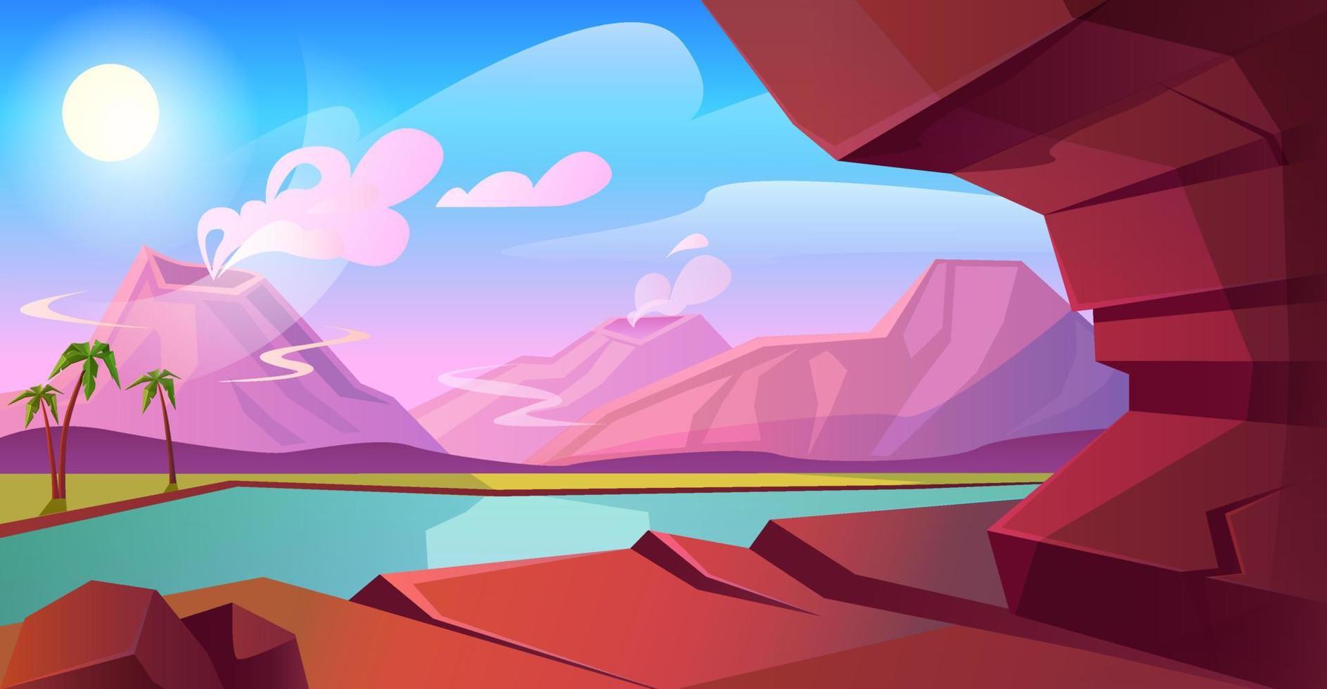 paisaje prehistórico con volcán y lago vector