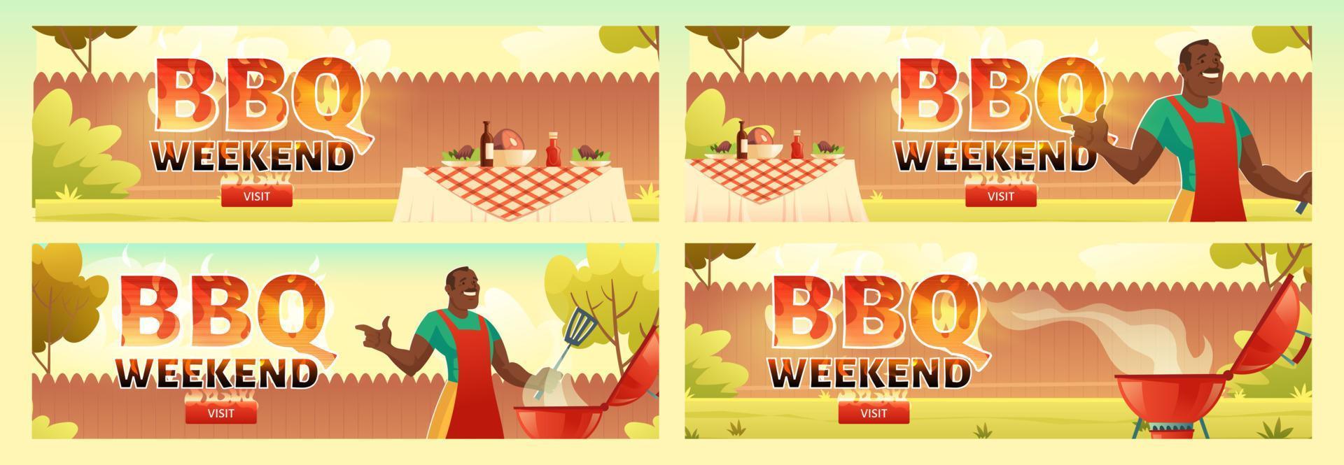 BBQ weekend flyers, picnic with cooking grill vector