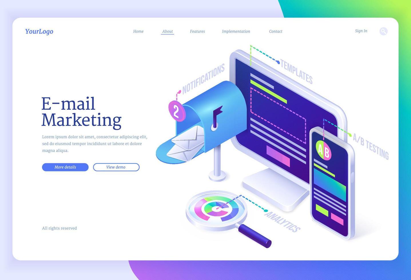 E-mail business marketing isometric landing page vector